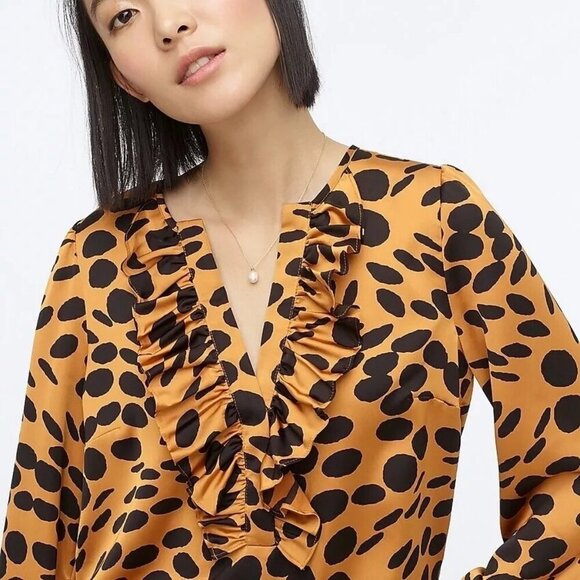 J. Crew Long Sleeve Ruffle Front Wavy Dots Popover Blouse Yellow & Black Women S - Picture 2 of 16